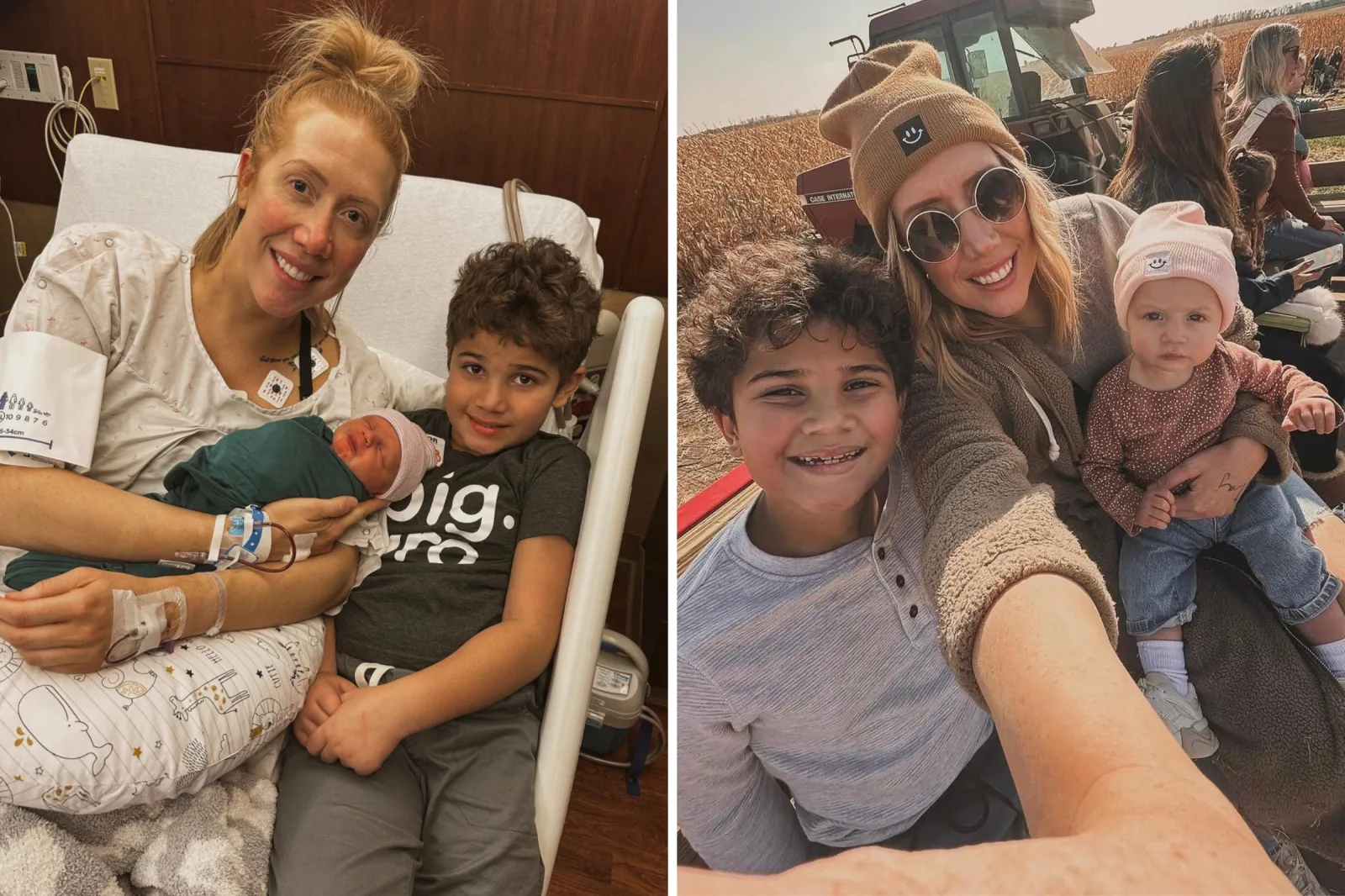 From left: Ashley Veen in hospital with her children, and pictured with her son and daughter, Taj and Harvey.
