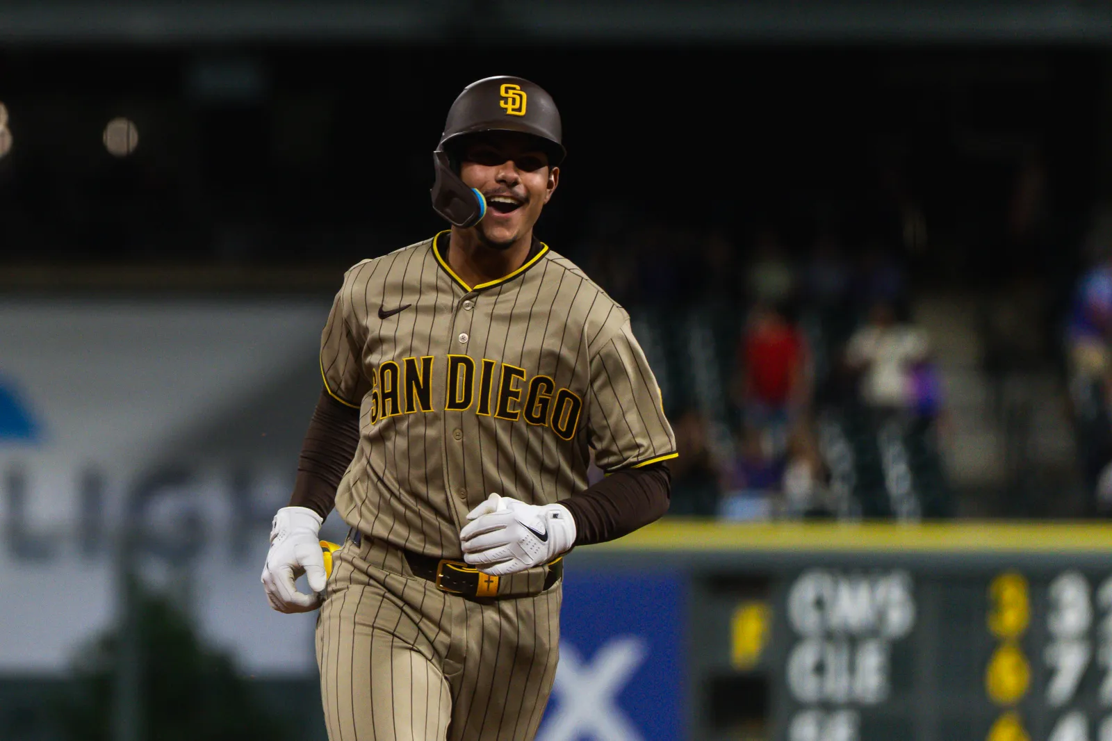 Ethan Salas #8 of the San Diego Padres celebrates after hitting his second career home run in the fifth inning during the game against the Colorado Rockies at C