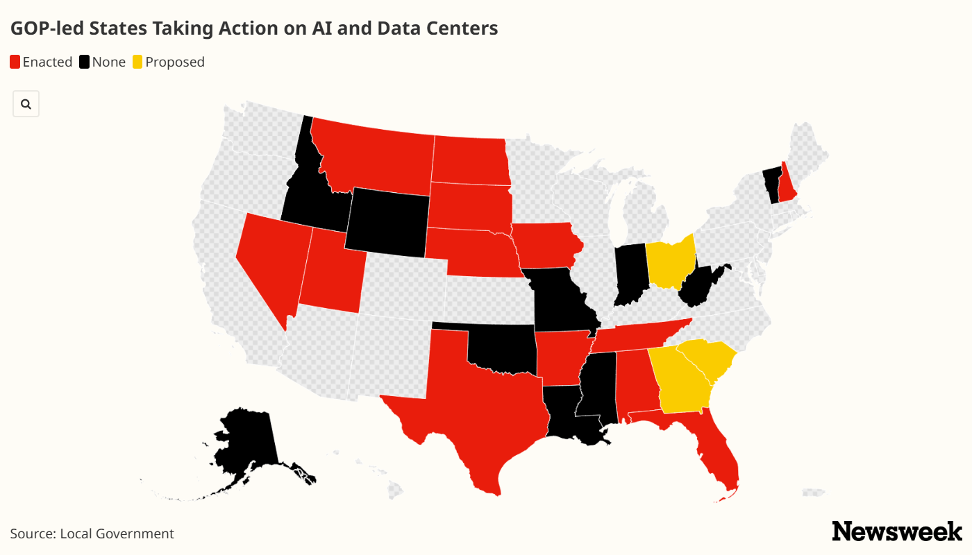 newsweek.com - Hannah Parry - Map Shows GOP-Led States Cracking Down on AI as Trump Rallies Behind Tech