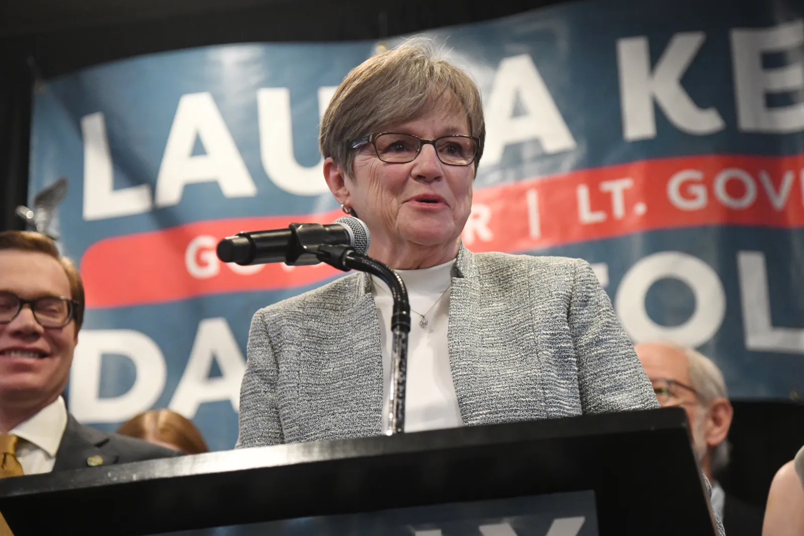 Kansas Governor Laura Kelly speaks to supporters in Topeka on November 8, 2022.