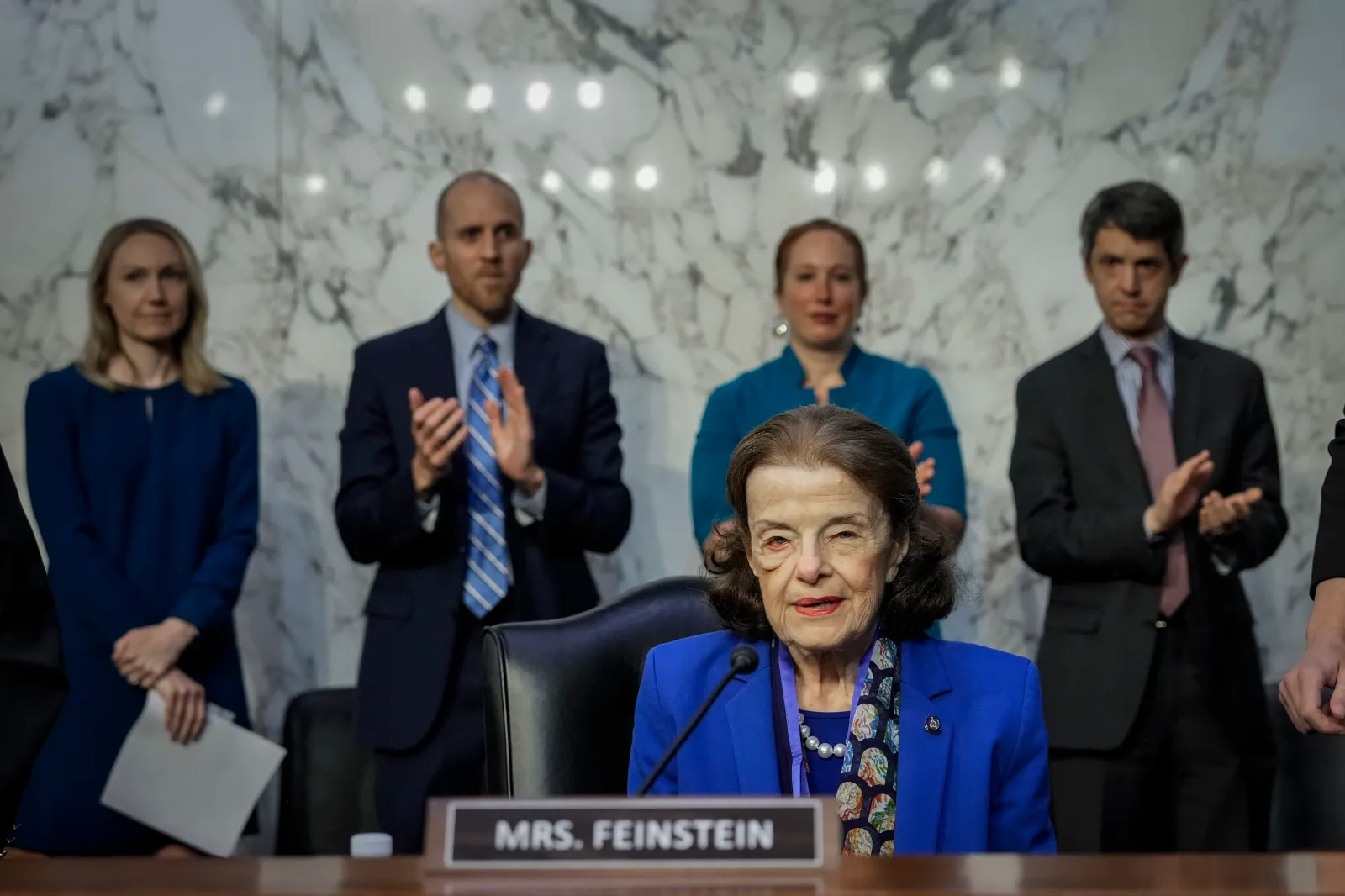 Senator Dianne Feinstein takes her seat at a business hearing of the Senate Judiciary Committee on Capitol Hill on May 11, 2023, in Washington, her first hearin