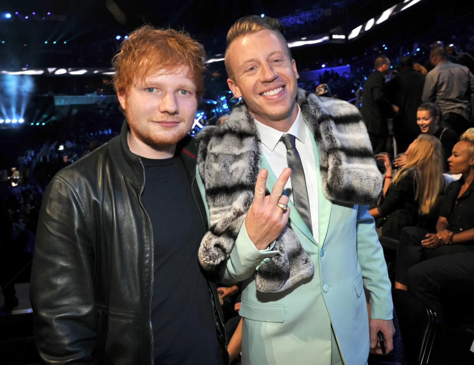 Ed Sheeran and Macklemore attend the 2013 MTV Video Music Awards at the Barclays Center on August 25, 2013, in the Brooklyn borough of New York City.