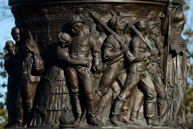 A view of the bottom half of the Confederate Memorial, which is being dismantled and removed from Section 16 at Arlington National Cemetery, on December 20, 2023, in Virginia.