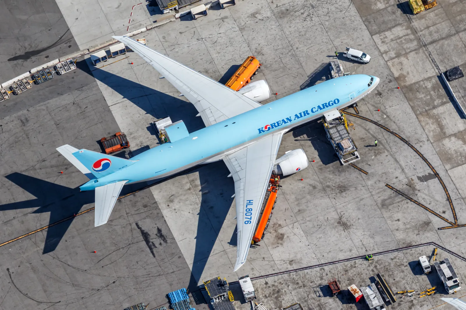 An aerial view of a Korean Air cargo plane pictured in 2022 at Los Angeles International Airport.