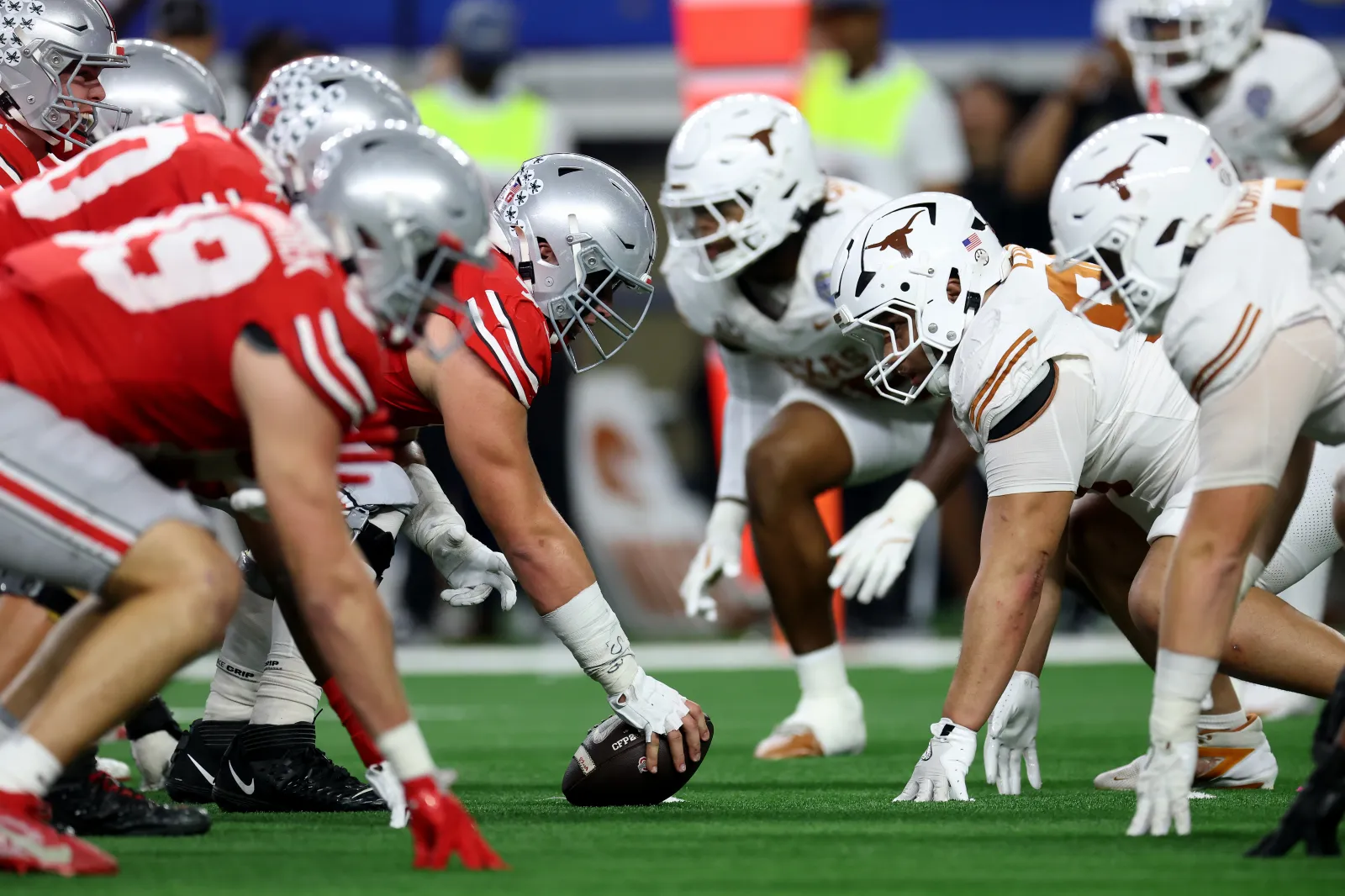 Texas and Ohio State players lined up during Goodyear Cotton Bowl Classic