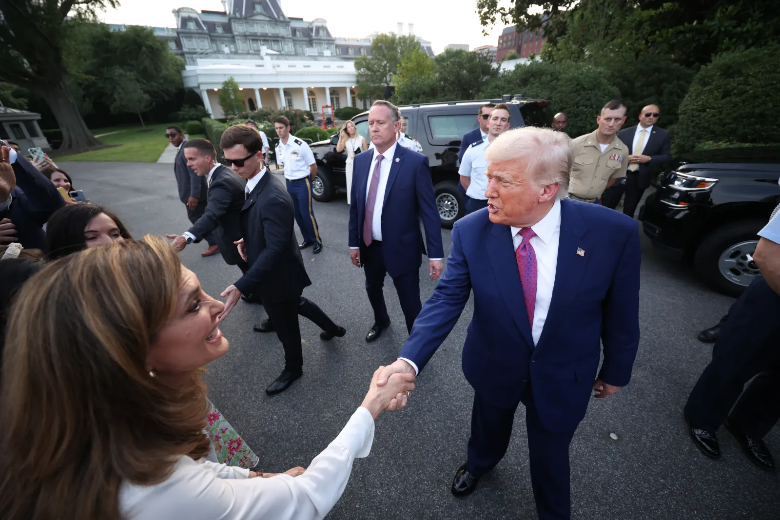 President Donald Trump greets Representative Maria Elvira Salazar during the Congressional Picnic on the South Lawn of the White House on June 12, 2025, in Wash