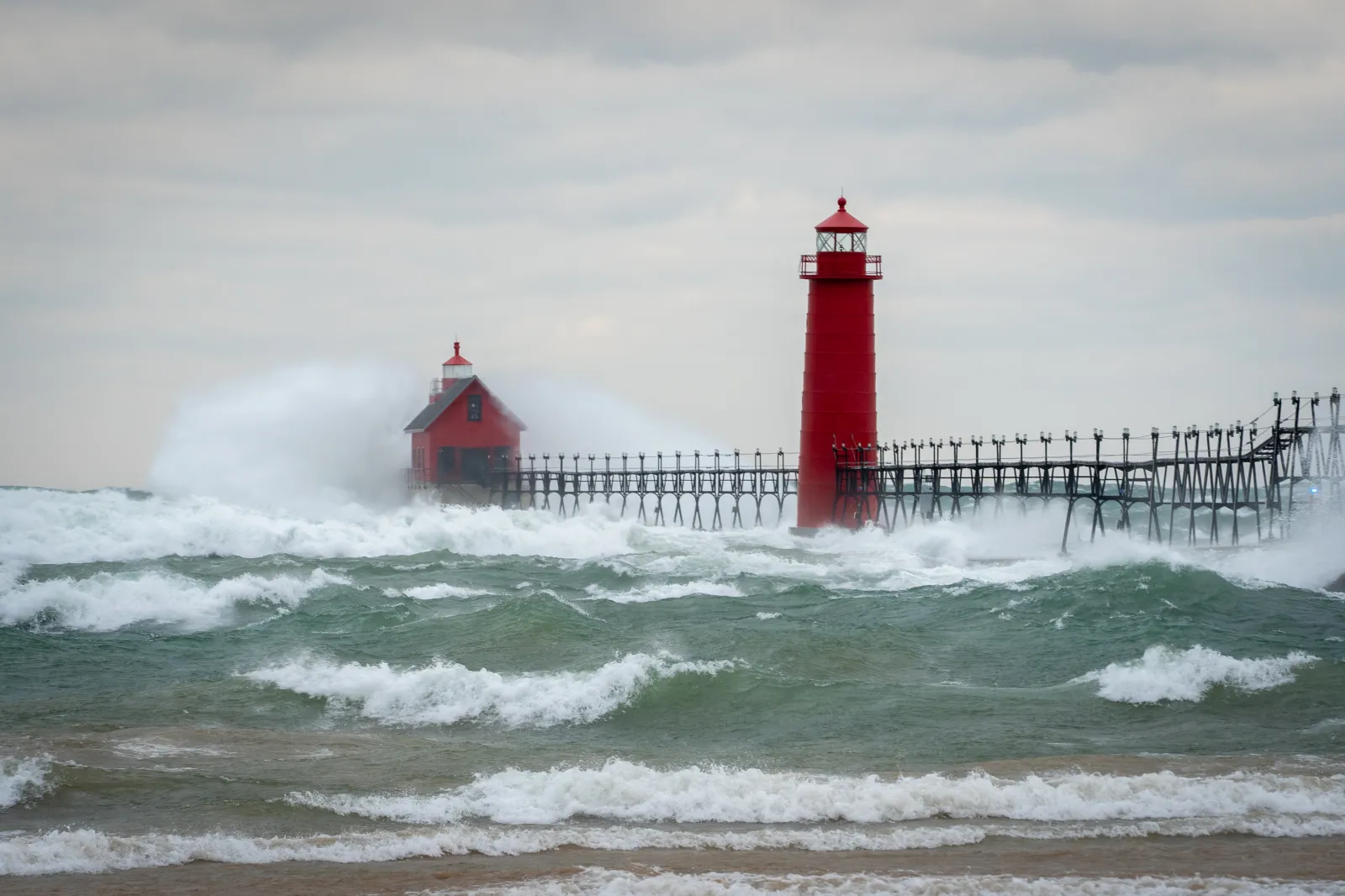 Waves crashing in Lake Michigan. Beach hazards statements warned people to stay out of the water on September 9, 2026.