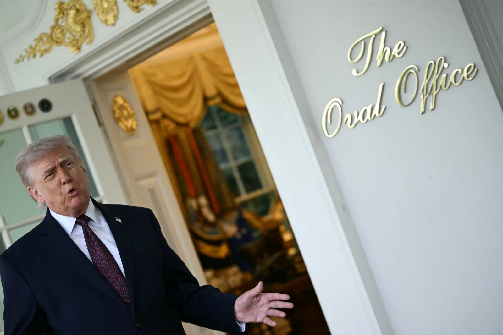 U.S. President Donald Trump speaks to the press outside the Oval Office of the White House in Washington, D.C., on April 13, 2026.