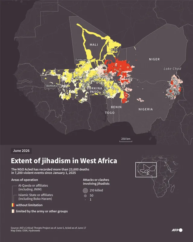 Map of operational areas and attacks associated with jihadi groups affiliated with Al-Qaeda and ISIS in the Sahel and around Lake Chad, between January 1, 2025, and June 17, 2026.