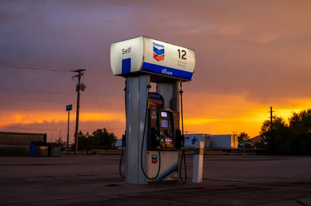 A pump station is seen at a Chevron gas station on August 14, 2026 in Fort Stockton, Texas.