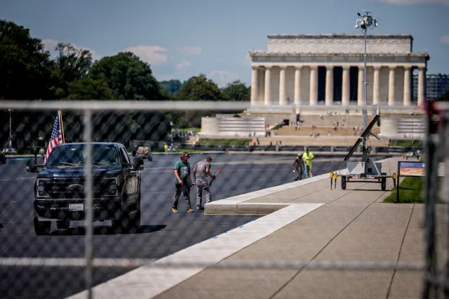 The Lincoln Memorial is visible as workers continue repairs at the Reflecting Pool on the National Mall on August 19, 2026, in Washington, DC.