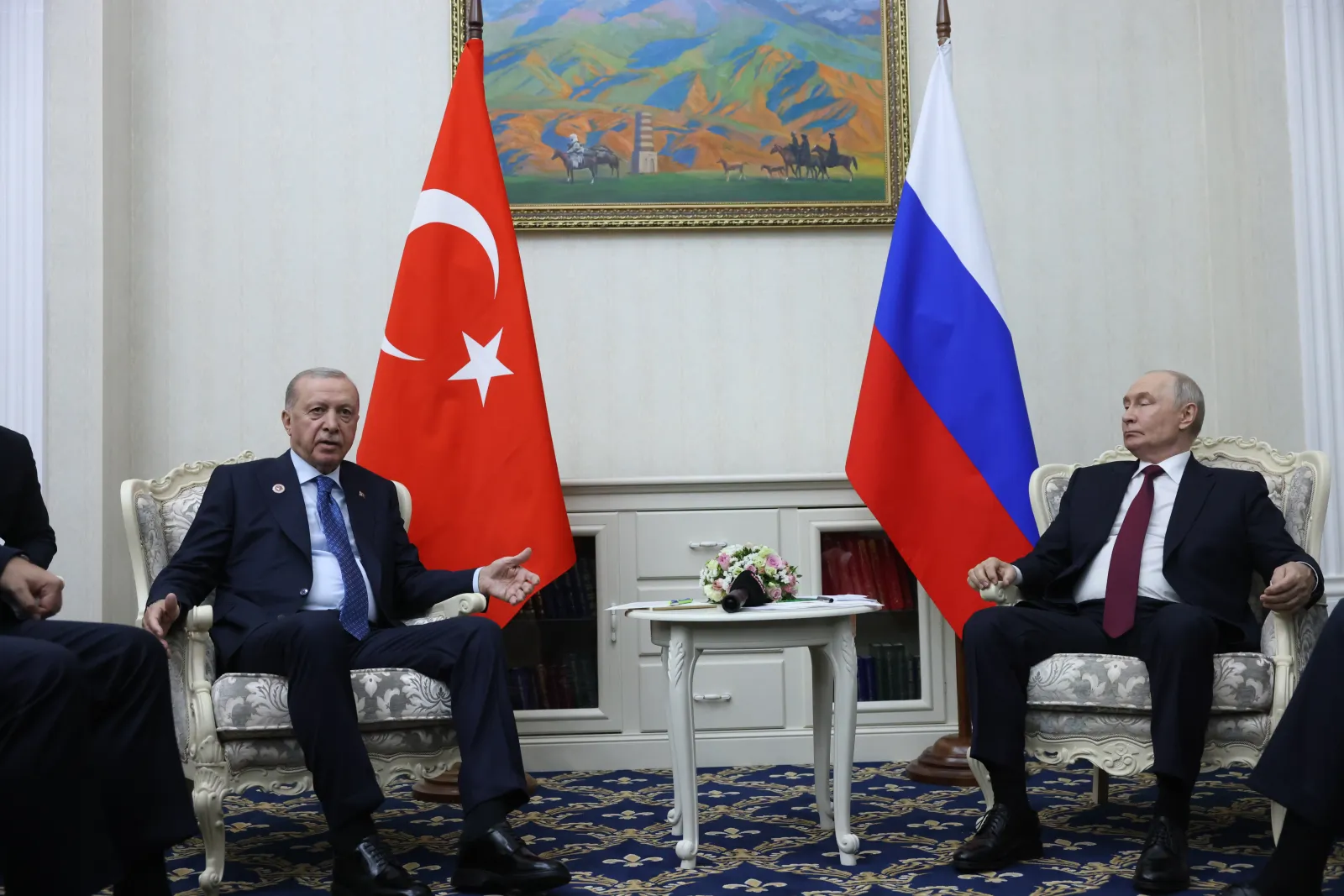 Russian President Vladimir Putin, right, looks on as Turkish President Recep Tayyip Erdogan speaks during their bilateral meeting on September 1, 2026, in Bishkek, Kyrgyzstan.