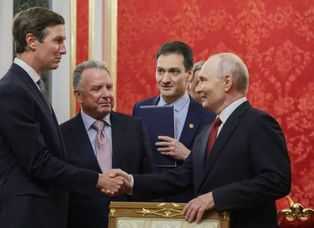 In this pool photograph distributed by the Russian state agency Sputnik, Russia's President Vladimir Putin (R) welcomes US special envoy Steve Witkoff (2nd L) and US President Donald Trump's son-in-law Jared Kushner (L) prior to their talks in Moscow on September 5, 2026.
