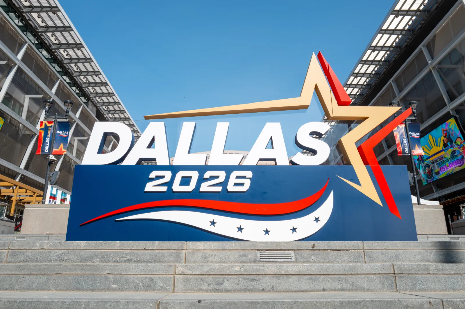 Signage is displayed during preparation for the Republican National Committee (RNC) Midterm Convention at the American Airlines Center on September 7, 2026 in Dallas, Texas.