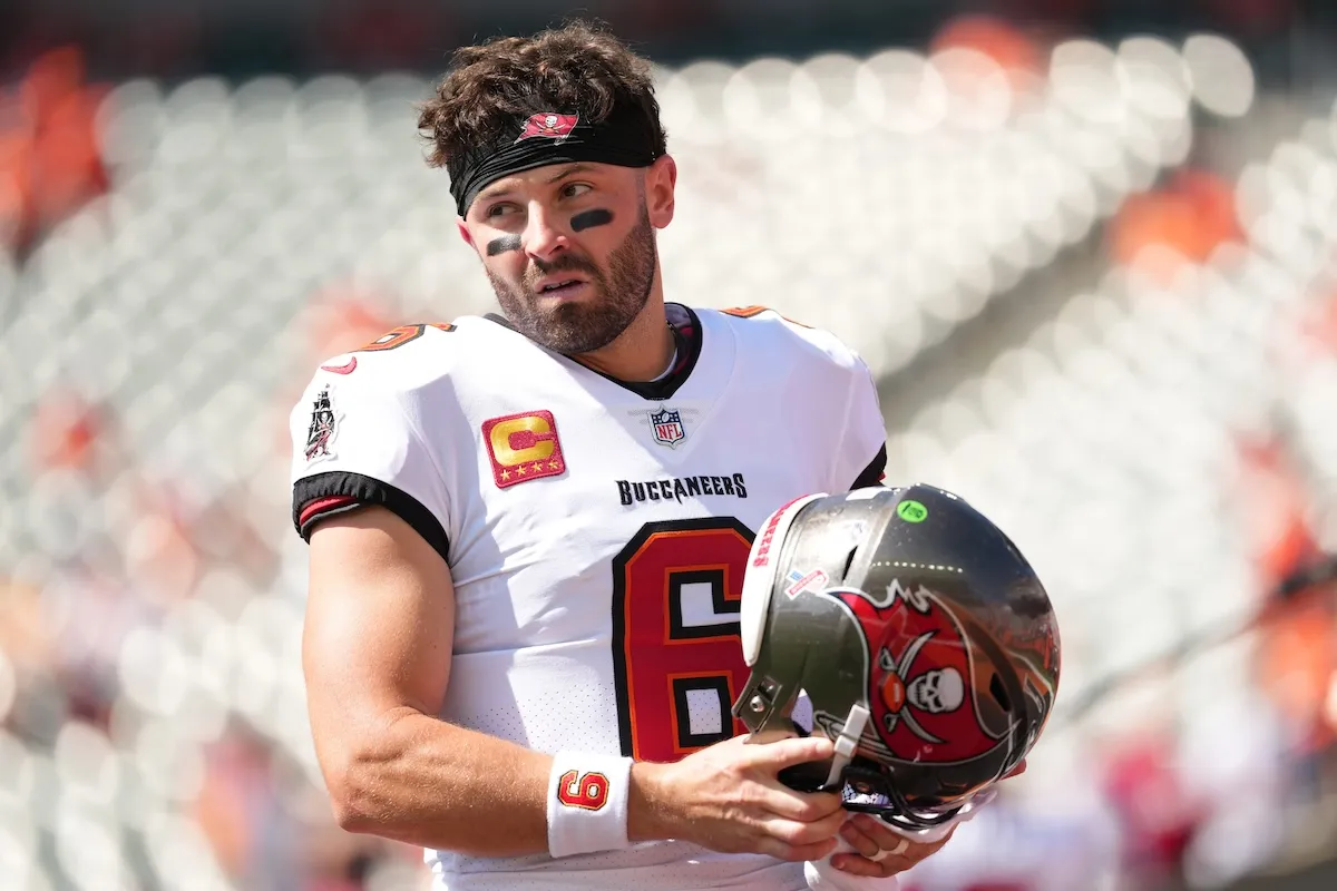 Tampa Bay Buccaneers quarterback Baker Mayfield during warm ups for NFL game