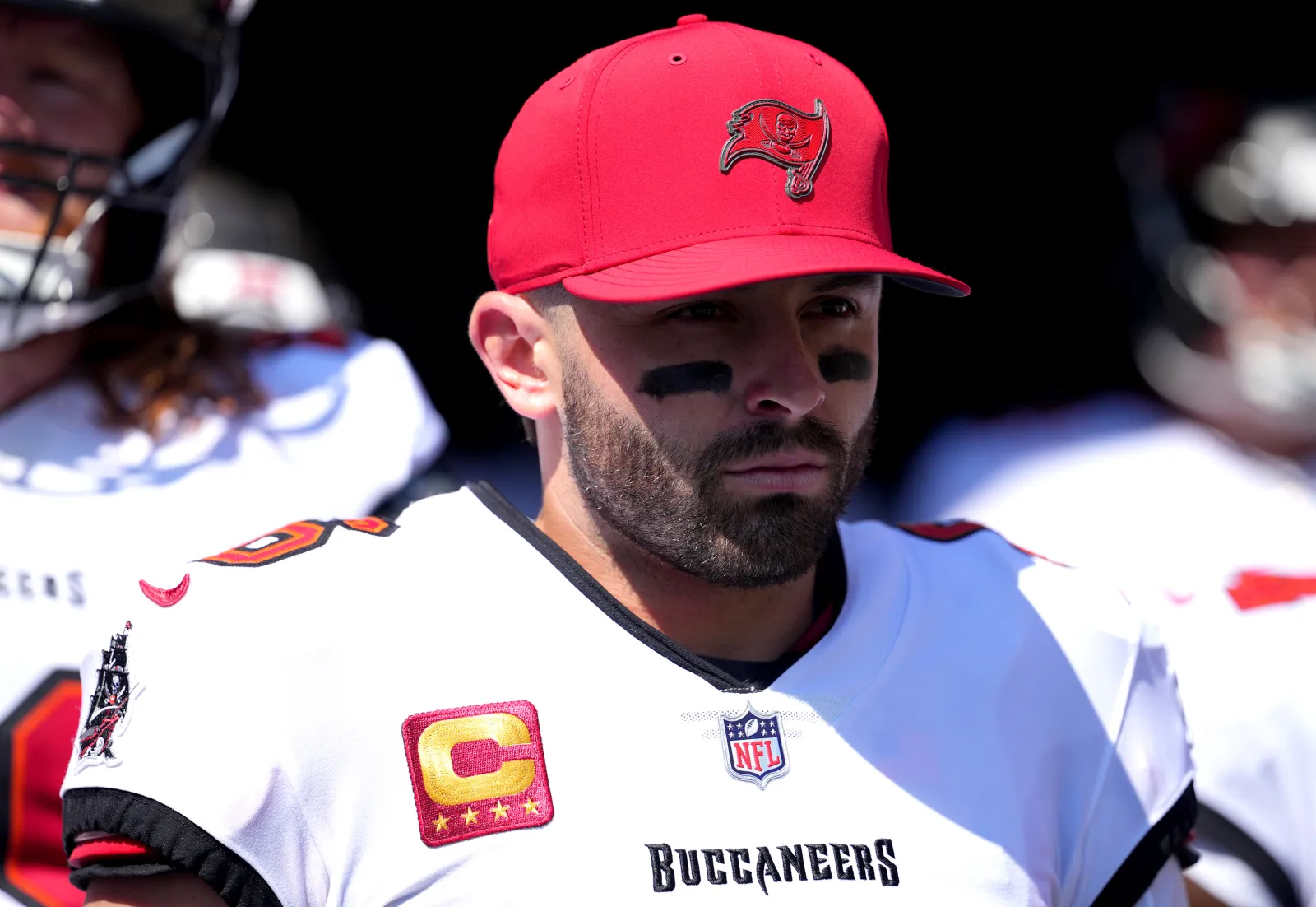 Tampa Bay Buccaneers quarterback Baker Mayfield looks on before game against Buffalo Bills