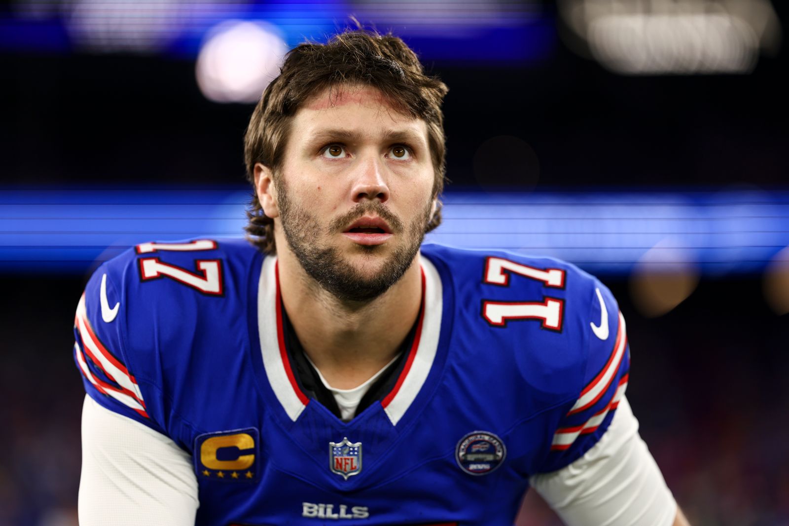 Bills quarterback Josh Allen looks on before game against Detroit Lions