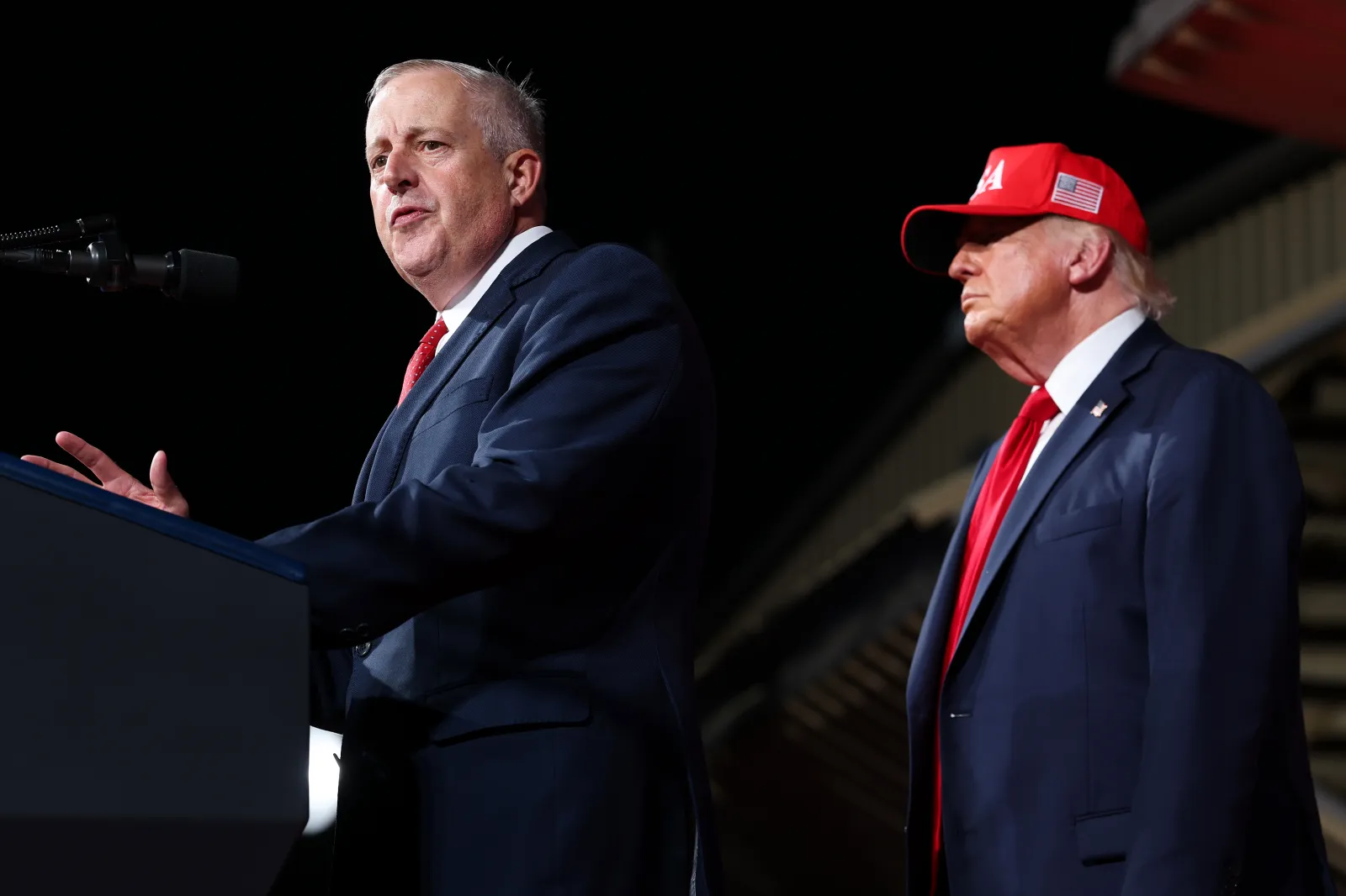 Michael Whatley and President Donald Trump attend a rally at Gastonia Municipal Airport in Gastonia, North Carolina on September 16, 2026.
