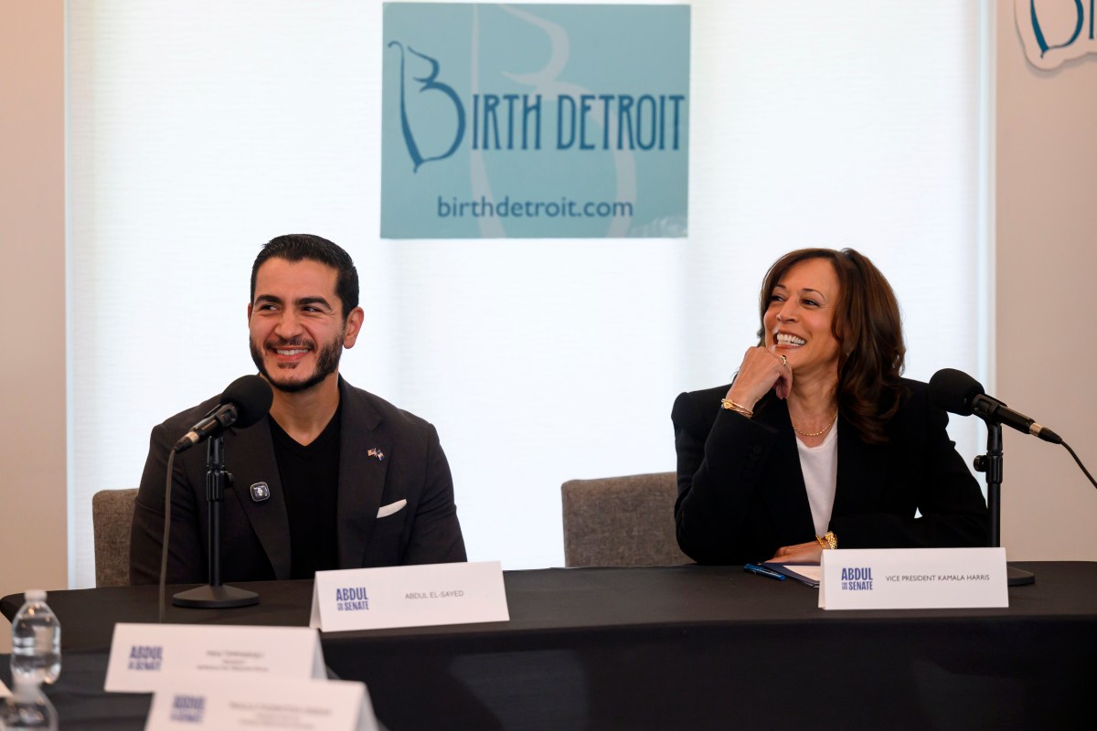 Michigan Democratic Senate candidate Abdul El-Sayed (L) and former U.S. Vice President Kamala Harris participate in a roundtable discussion about reproductive health at Birth Detroit on September 22, 2026 in Detroit, Michigan.