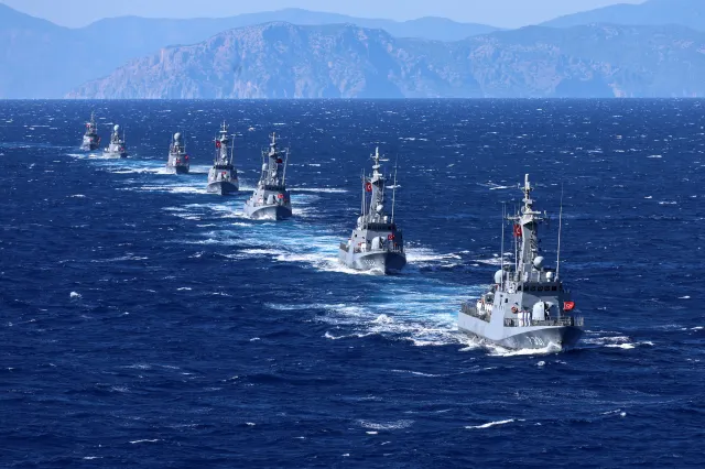 Turkish Navy's Kilic-class fast attack craft participate in a ceremonial parade during the Denizkurdu-I/2026 Exercise in the Eastern Mediterranean, off the coast of Aksaz, at Marmaris in Mugla, on September 24, 2026.