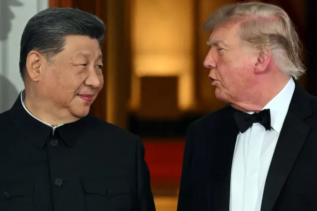 Chinese President Xi Jinping and President Donald Trump speak on the North Portico steps of the White House ahead of a state dinner in Washington, D.C., on September 24, 2026.