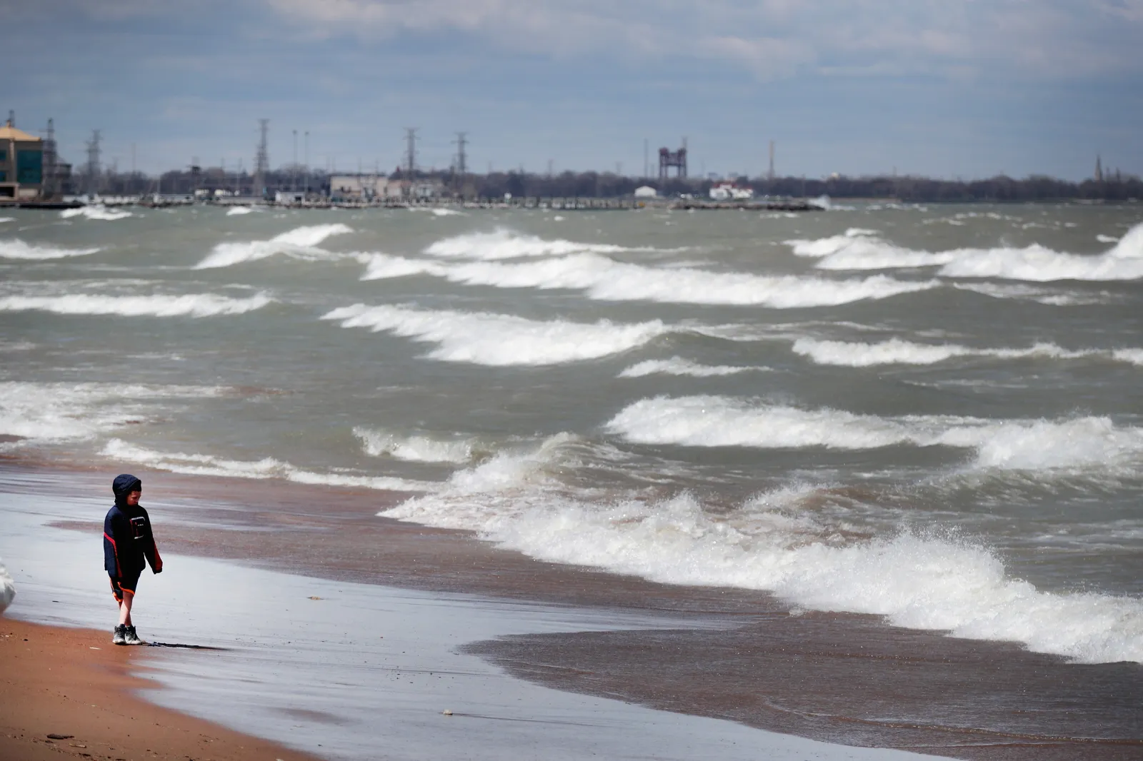 Waves from Lake Michigan crash ashore on April 6, 2017, in Whiting, Indiana.