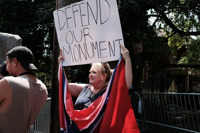 A small number of pro-Confederate protesters face off against demonstrators against a Confederate memorial monument in Fort Sanders on August 26, 2017, in Knoxville, Tennessee.