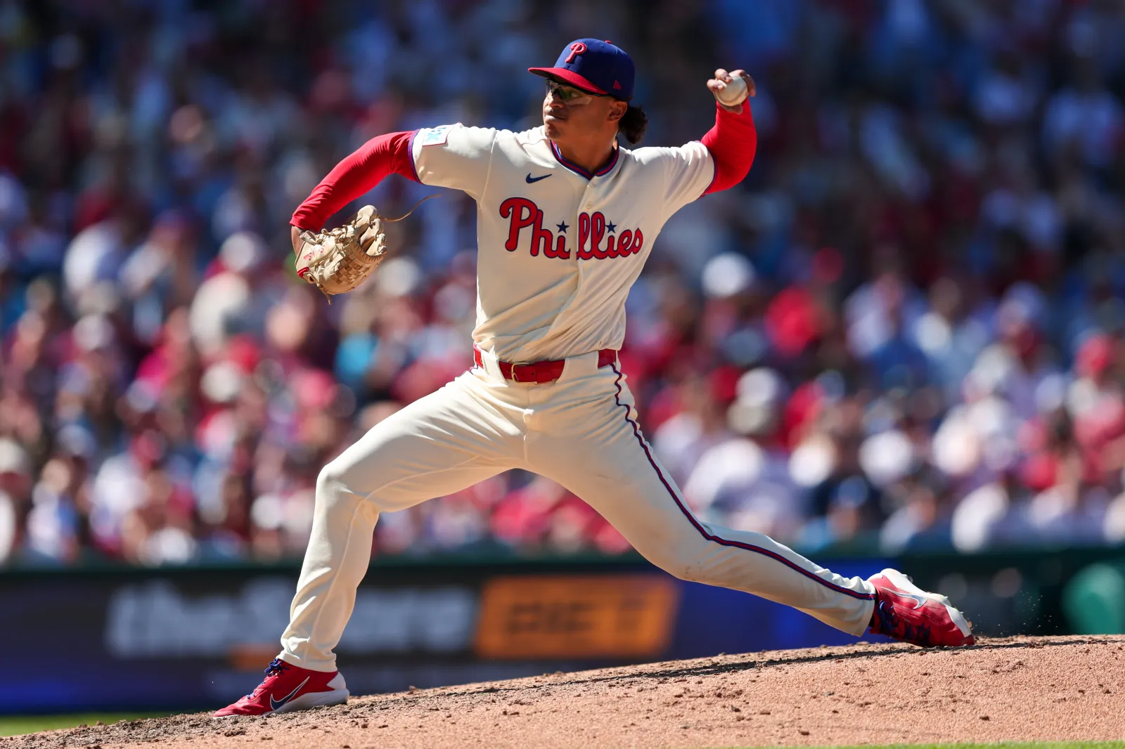 PHILADELPHIA, PENNSYLVANIA - SEPTEMBER 7: Jesus Luzardo #44 of the Philadelphia Phillies delivers a pitch against the Atlanta Braves in the ninth inning for a c