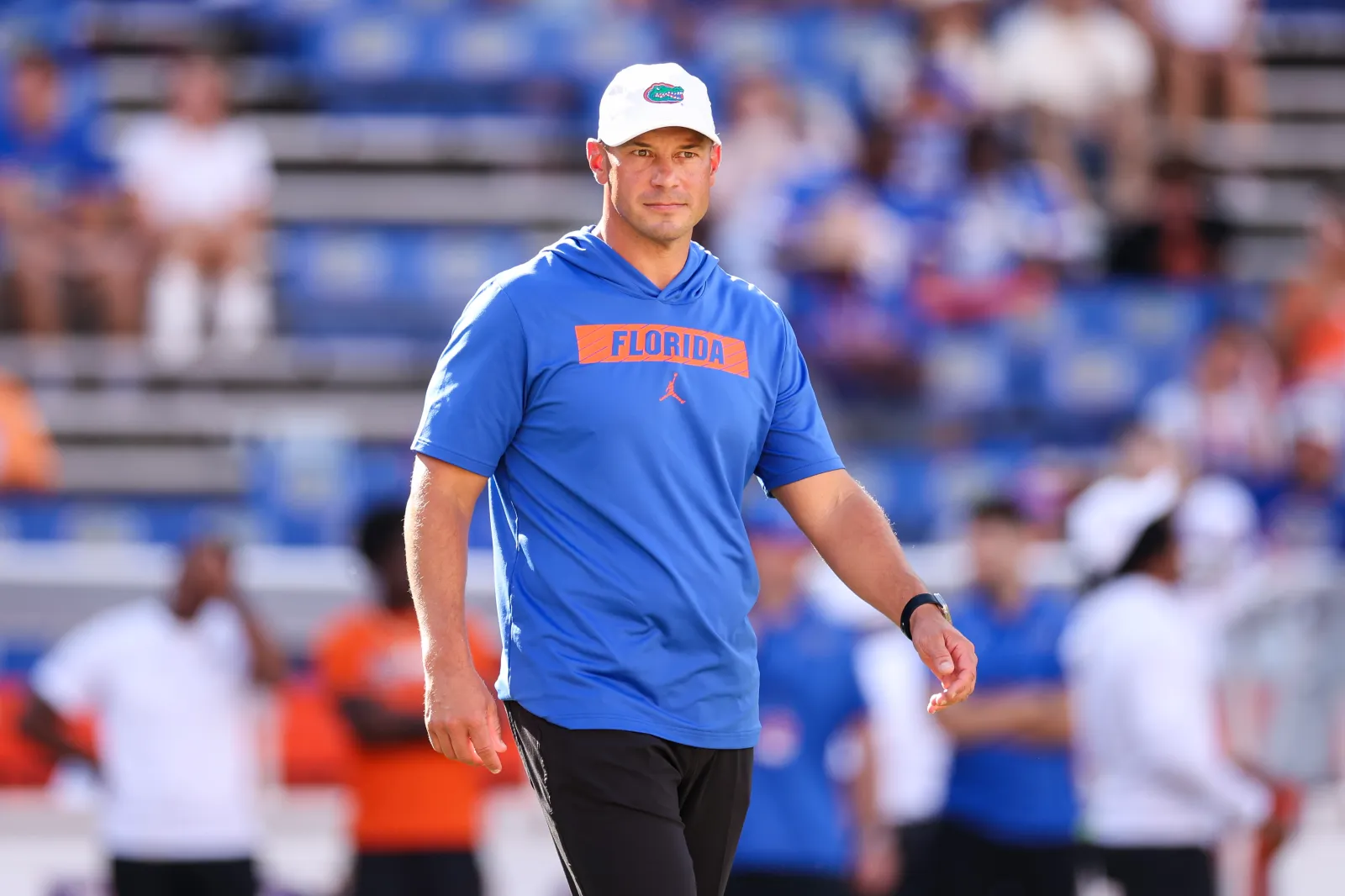 GAINESVILLE, FLORIDA - SEPTEMBER 12: Jon Sumrall Head Coach of the Florida Gators looks on before the start of the game against the Campbell Fighting Camels at Ben Hill Griffin Stadium on September 12, 2026 in Gainesville, Florida. (Photo by James Gilbert/Getty Images)