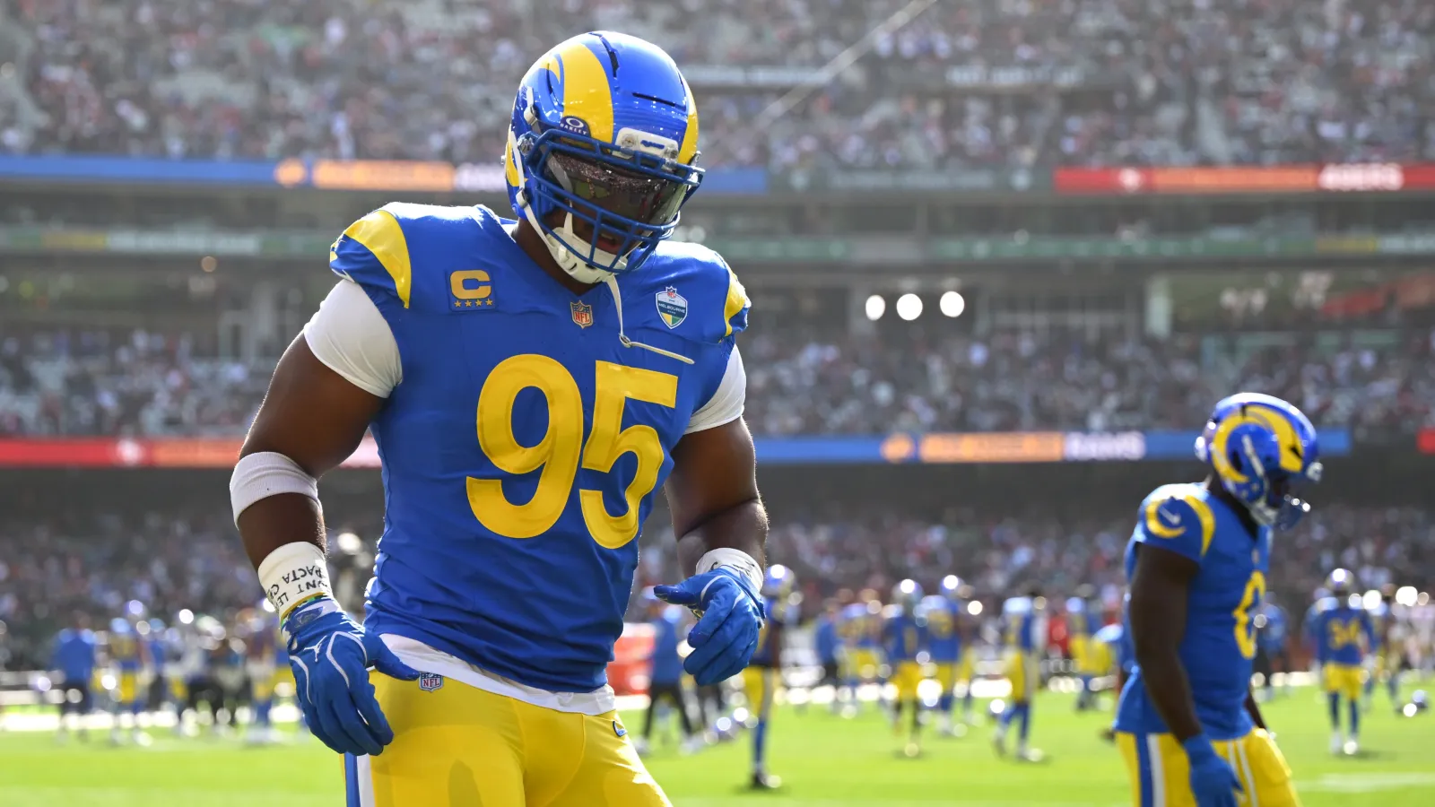 MELBOURNE, AUSTRALIA - SEPTEMBER 11: Myles Garrett #95 of the Los Angeles Rams warms up prior to the NFL football game against the San Francisco 49ers at the Me