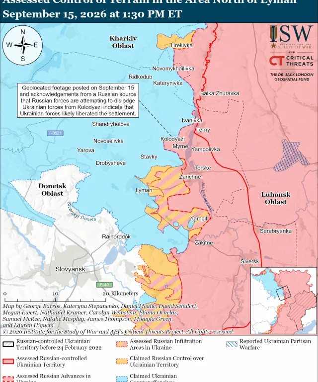 This map from the Institute for the Study of War (ISW) shows the state of play near Lyman, Donetsk, where Ukraine has confirmed its counteroffensive operations against Russian troops.