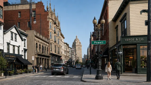 A recreation of the view from O'Farrell St Powell Street to the Call Building in 2026.