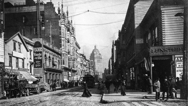 A view from O'Farrell St Powell Street to the Call Building before 1906.