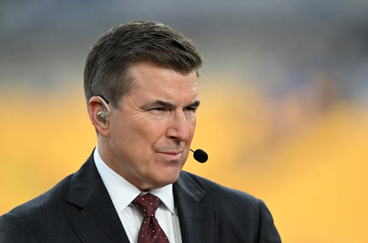 Rece Davis College Football GameDay host analyzing team rosters on set