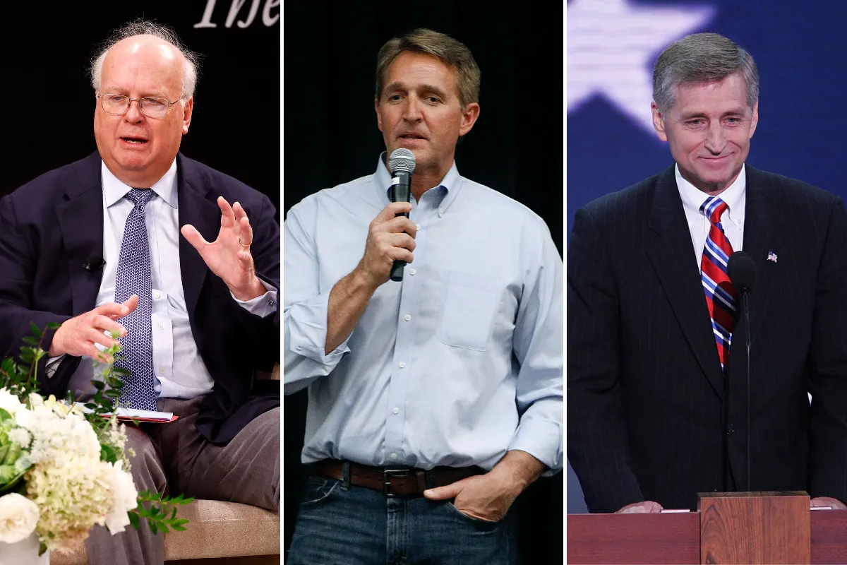 L-R: Karl Rove speaks in Washington, D.C., on September 20, 2024. Senator Jeff Flake speaks in Mesa, Arizona, on April 13, 2017. Marc Racicot speaks at the 2004