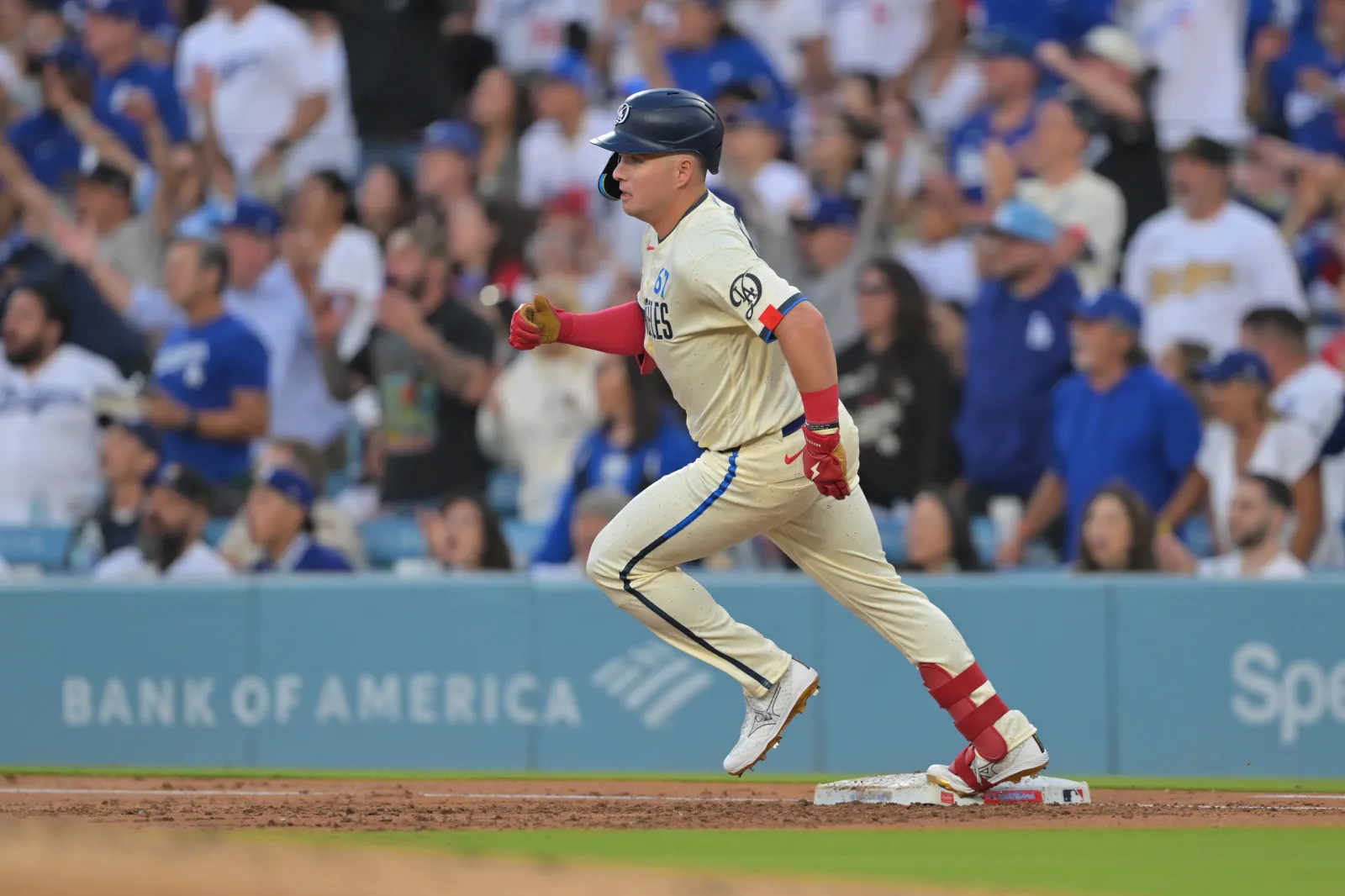 LOS ANGELES, CALIFORNIA - JUNE 6: Ryan Ward #67 of the Los Angeles Dodgers rounds the bases on a double during the first inning against the Los Angeles Angels a