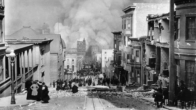 A view of Sacramento Street on the day of the earthquake on April 18, 1906.