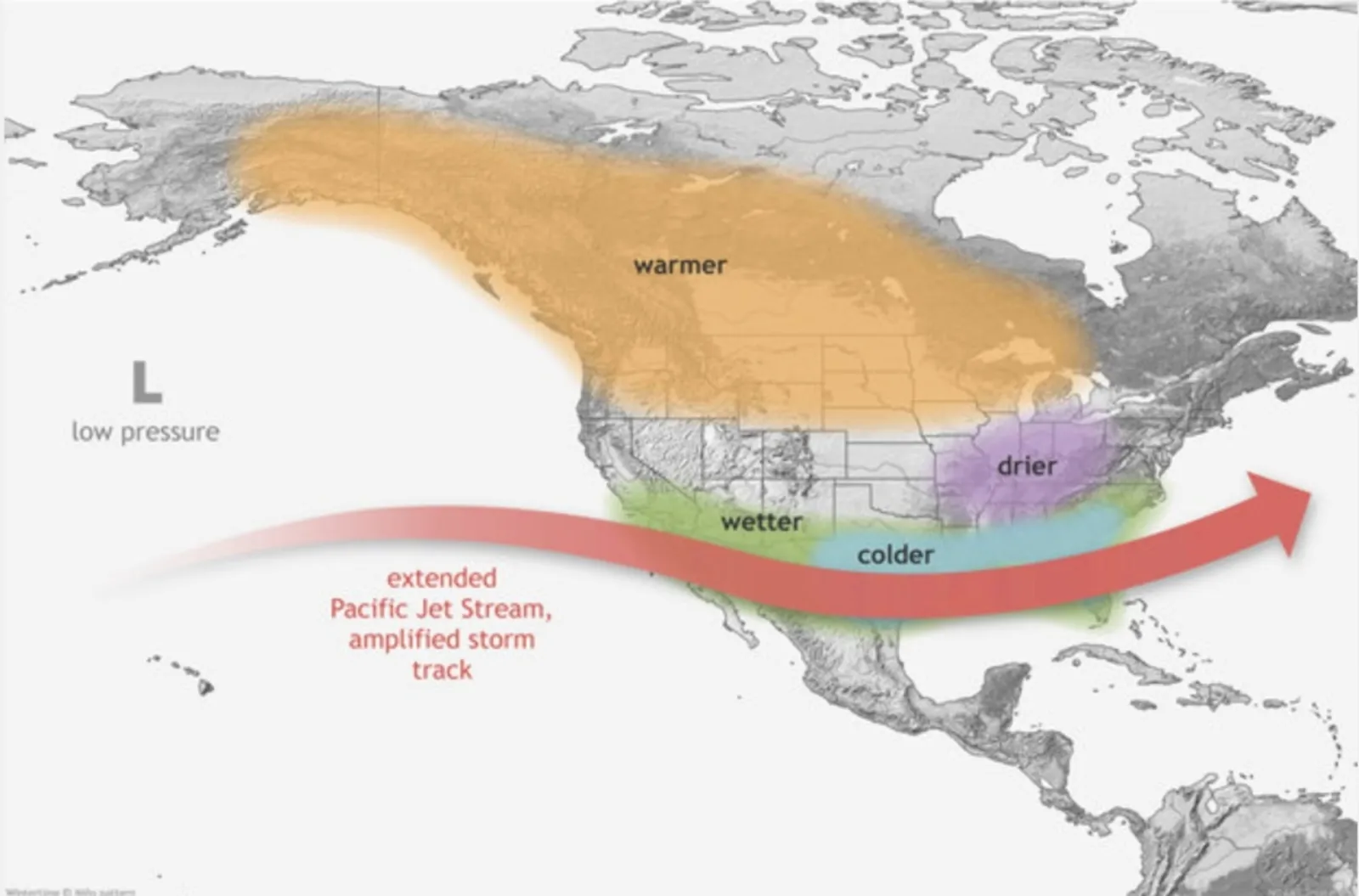 An image from NOAA shows impacts on the U.S. during a typical El Niño winter.