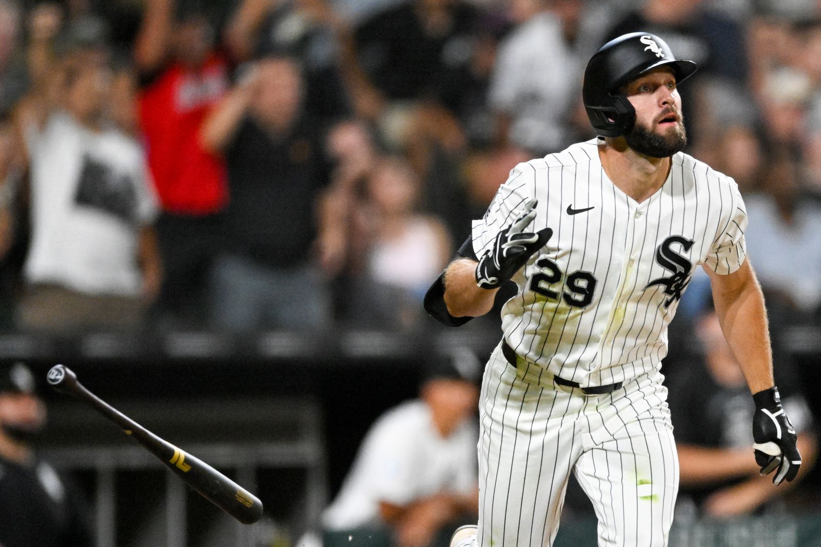Tristan Peters #29 of the Chicago White Sox tosses his bat after hitting a two-run home run during the fifth inning of the game against the Texas Rangers at Rat