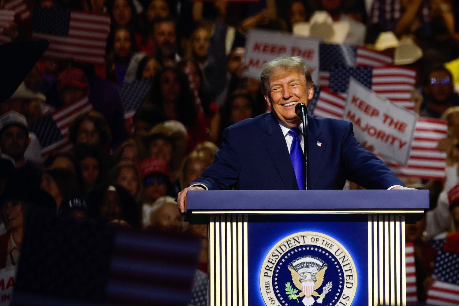President Donald Trump speaks on stage on the first day of the 2026 Republican National Convention at the American Airlines Center on September 09, 2026 in Dall