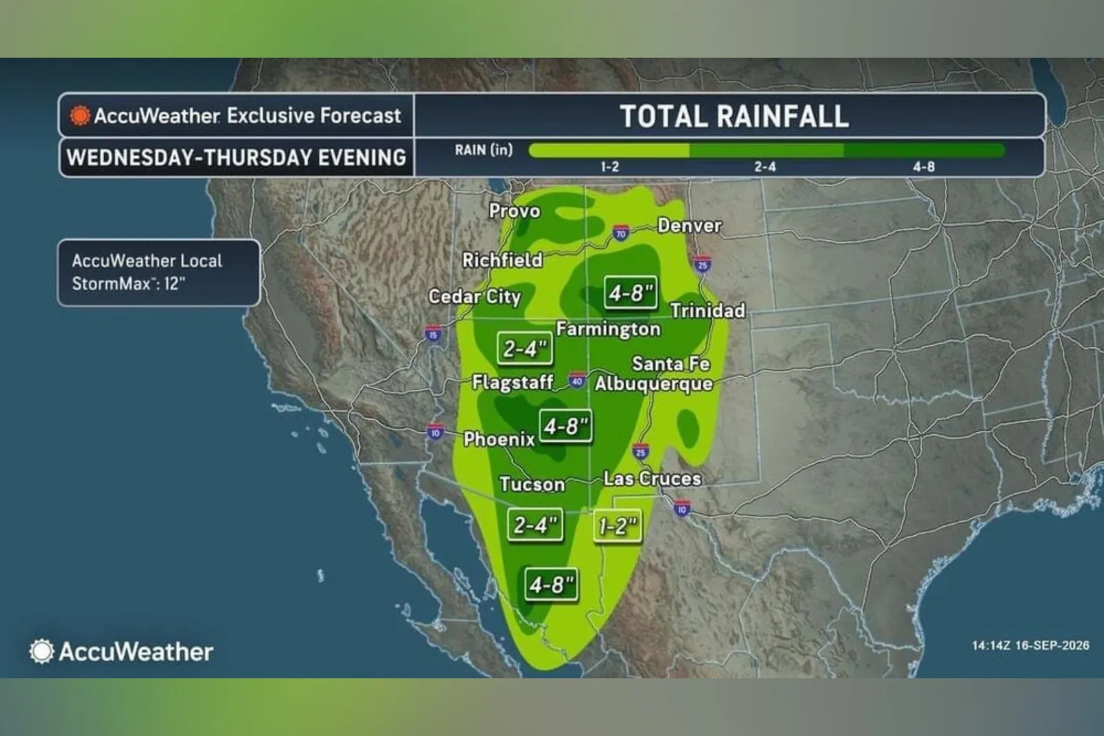 AccuWeather's forecast map shows potential rainfall through Thursday.