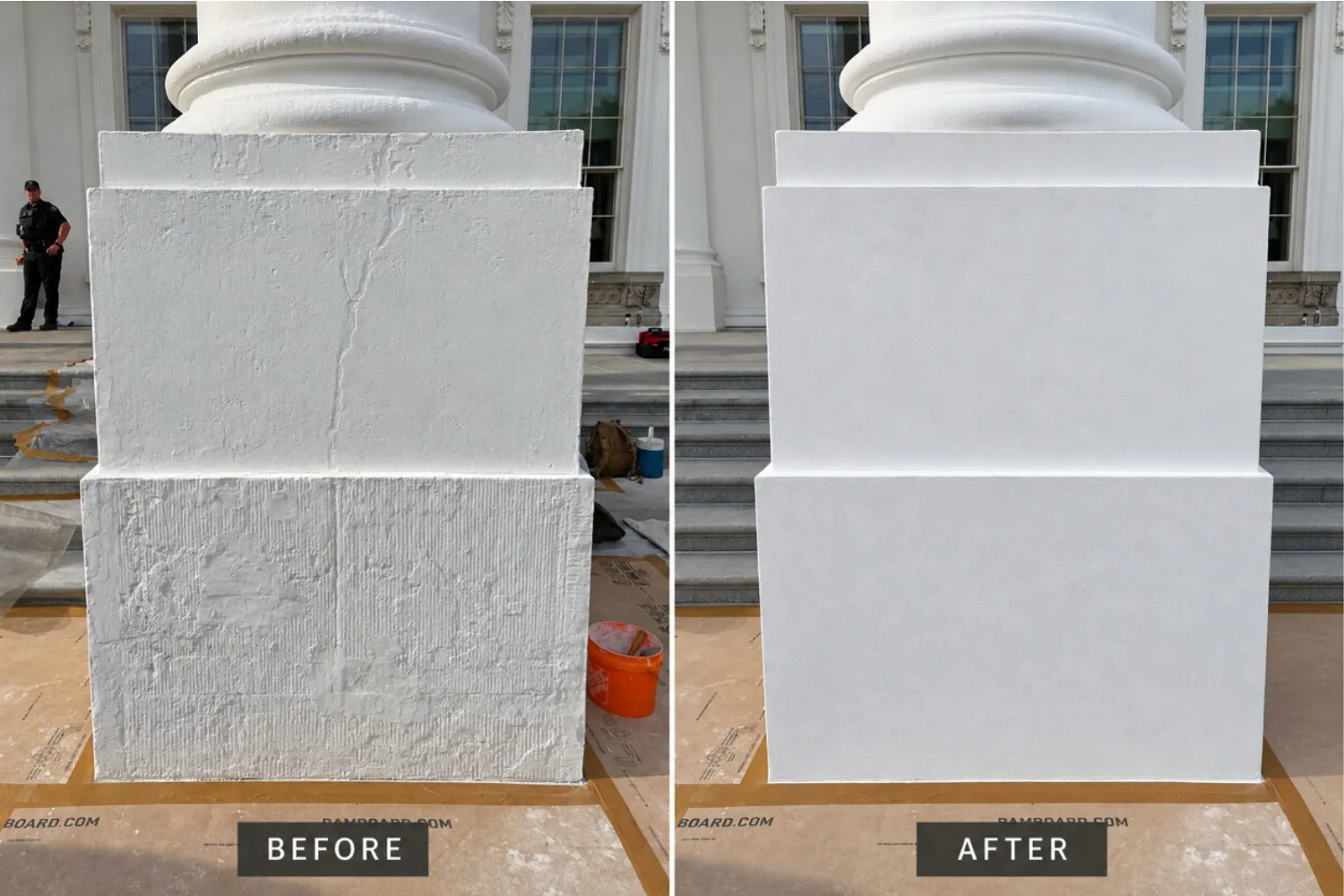 Pictures of the North Portico columns before and after renovation.
