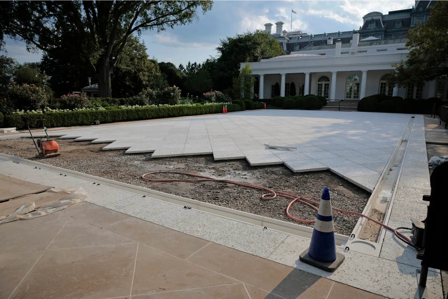Paving over the White House Rose Garden lawn on July 23, 2025 in Washington, DC.