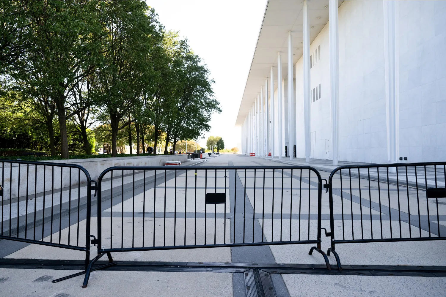 Newly installed fences surround the John F. Kennedy Center for the Performing Arts in Washington, DC, September 16, 2026.