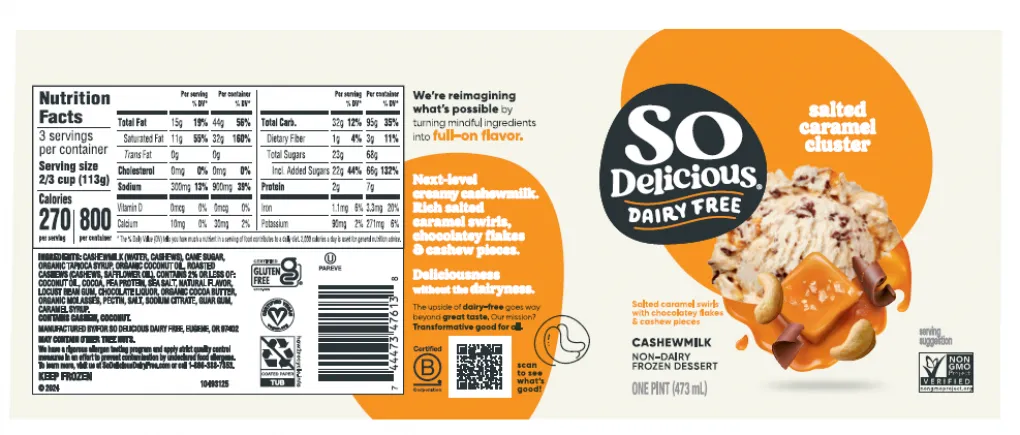 Image of the recalled So Delicious Dairy Free® Salted Caramel Cluster Non-Dairy Frozen Dessert pint. (Photo from the FDA)