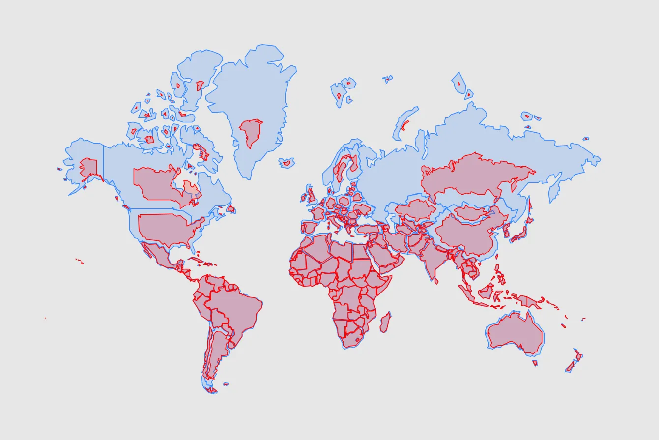 Equal Earth map (shown in red) layered over the Mercator projection (shown in blue)