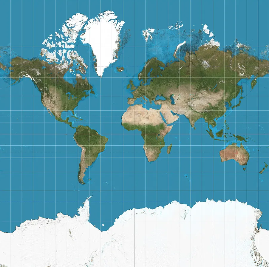 A world map using the Mercator projection, which preserves compass direction but increasingly enlarges landmasses farther from the equator.