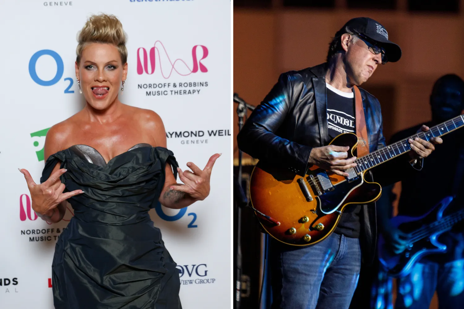 P!NK poses in the media room during Silver Clef Awards 2026 on July 09, 2026 in London, England, left, and Joe Bonamassa performs at GRAMMY Museum Presents B.B.