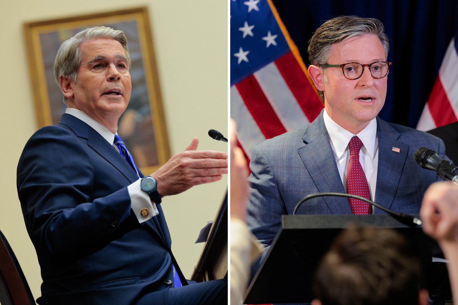 U.S. Treasury Secretary Scott Bessent, left, and U.S. Speaker of the House Mike Johnson, right.