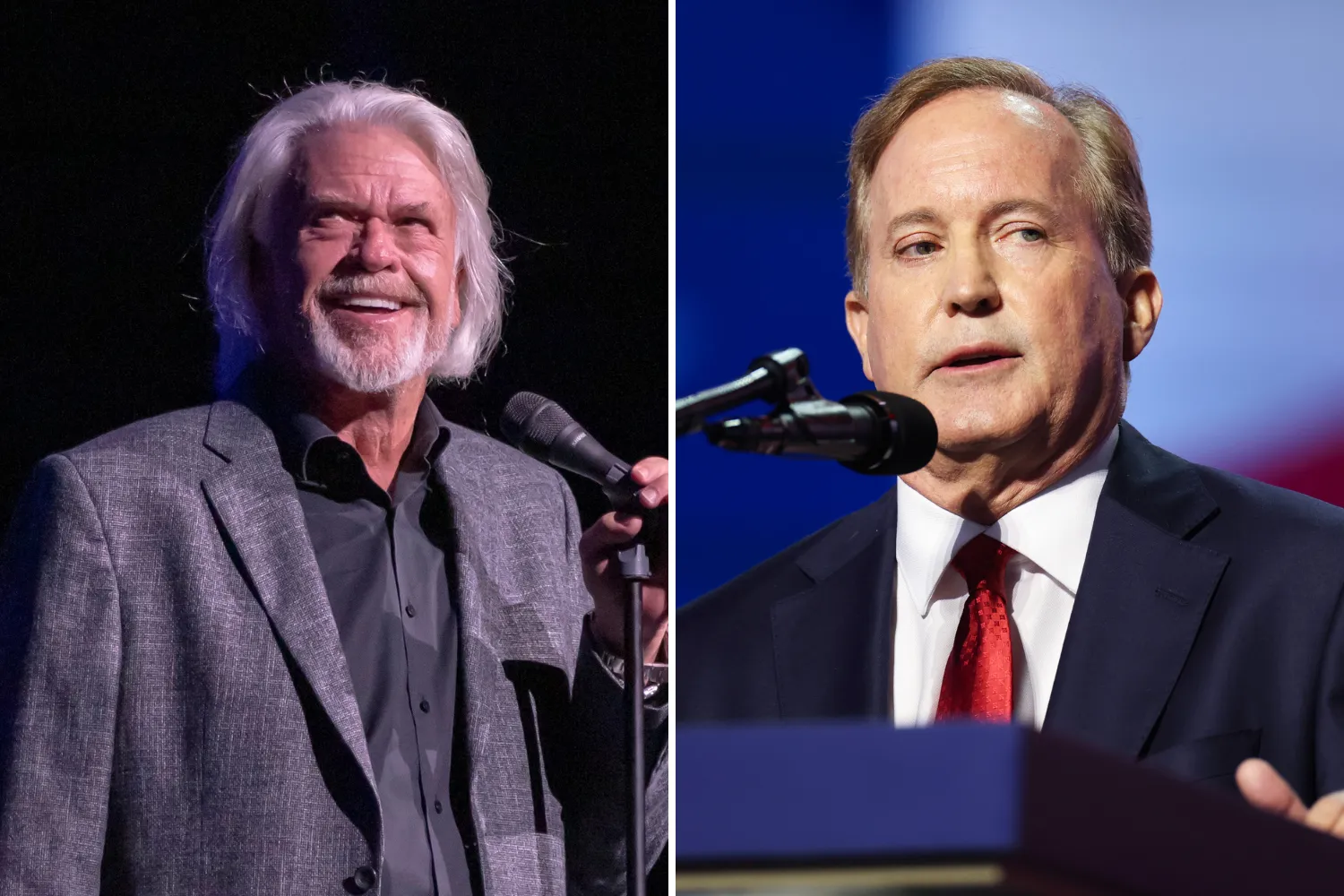 Comedian Ron White performs stand-up comedy to a sold out audience at Foxwoods Resort Casino on April 18, 2026 in Mashantucket, Connecticut, left,Ken Paxton spe